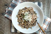 Creamy Thyme Farro Pasta with Mushrooms and Sausage for National Pasta Day