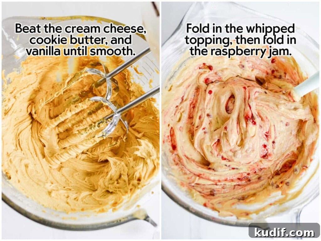 Raspberry Cookie Butter Dip Recipe: Sweet Fruit & Spread Dessert Dip 4 Two photo collage of mixing the Biscoff spread, cream cheese and vanilla and folding in the Cool Whip and raspberry preserves.