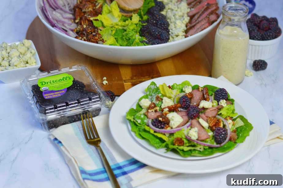 Steak Salad with Blue Cheese Vinaigrette Recipe 8 white serving bowl and white salad plate with package of Driscolls blackberries