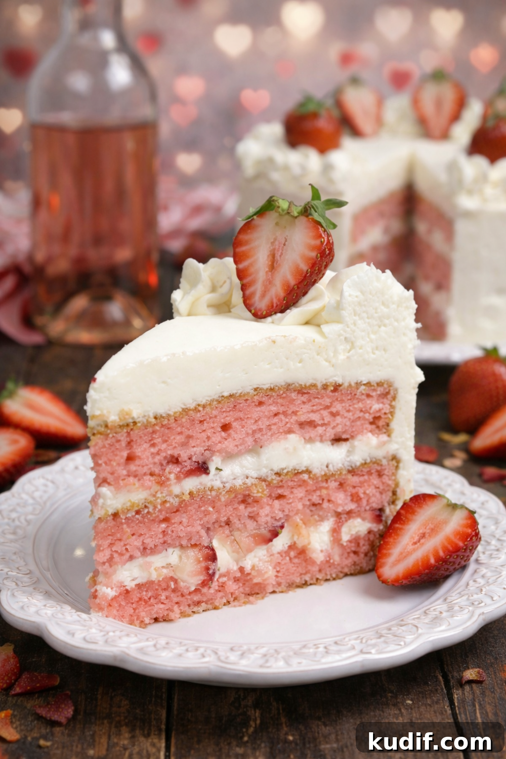 Strawberry Moscato Cake with Cream Cheese Buttercream 2 Strawberry Moscato Cake with Cream Cheese Buttercream Frosting on a white plate