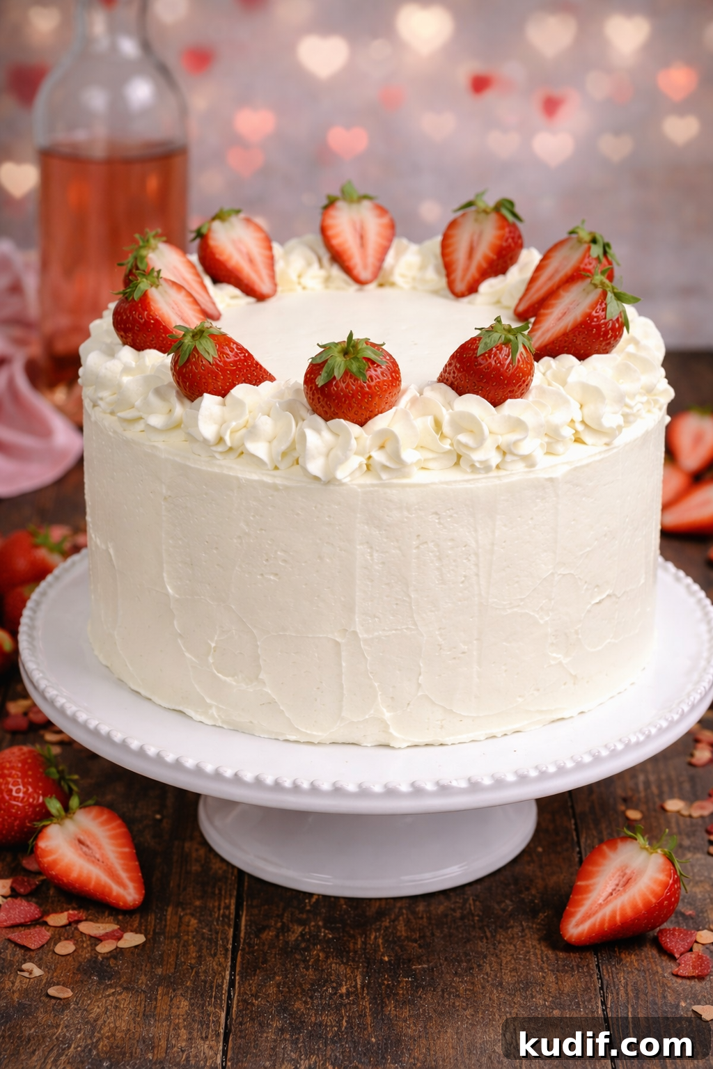 Strawberry Moscato Cake with Cream Cheese Buttercream 4 Strawberry Moscato Cake with Cream Cheese Buttercream Frosting whole uncut cake