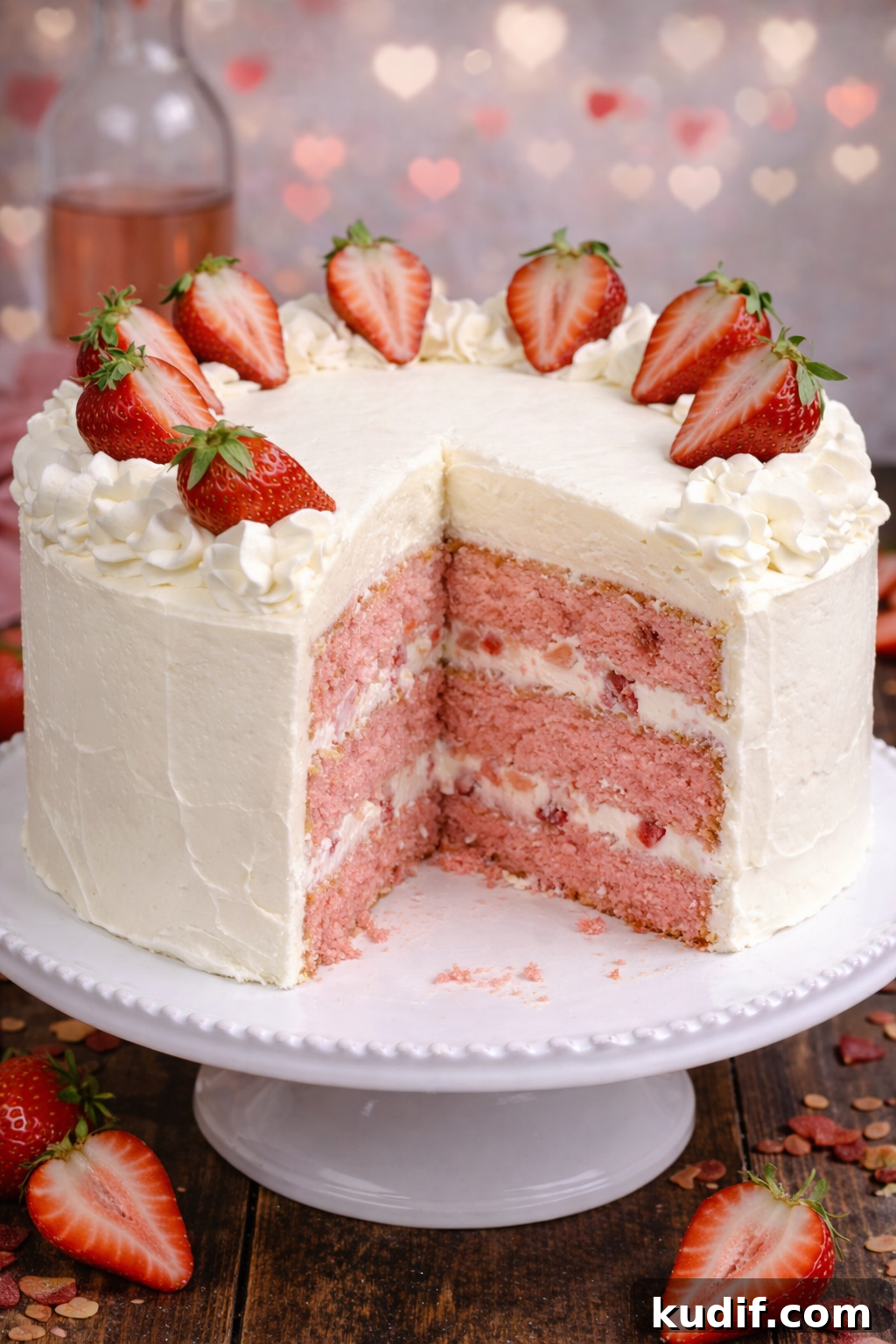 Strawberry Moscato Cake with Cream Cheese Buttercream 6 A slice removed from the Strawberry Moscato Cake with Cream Cheese Buttercream Frosting on a white cake platter