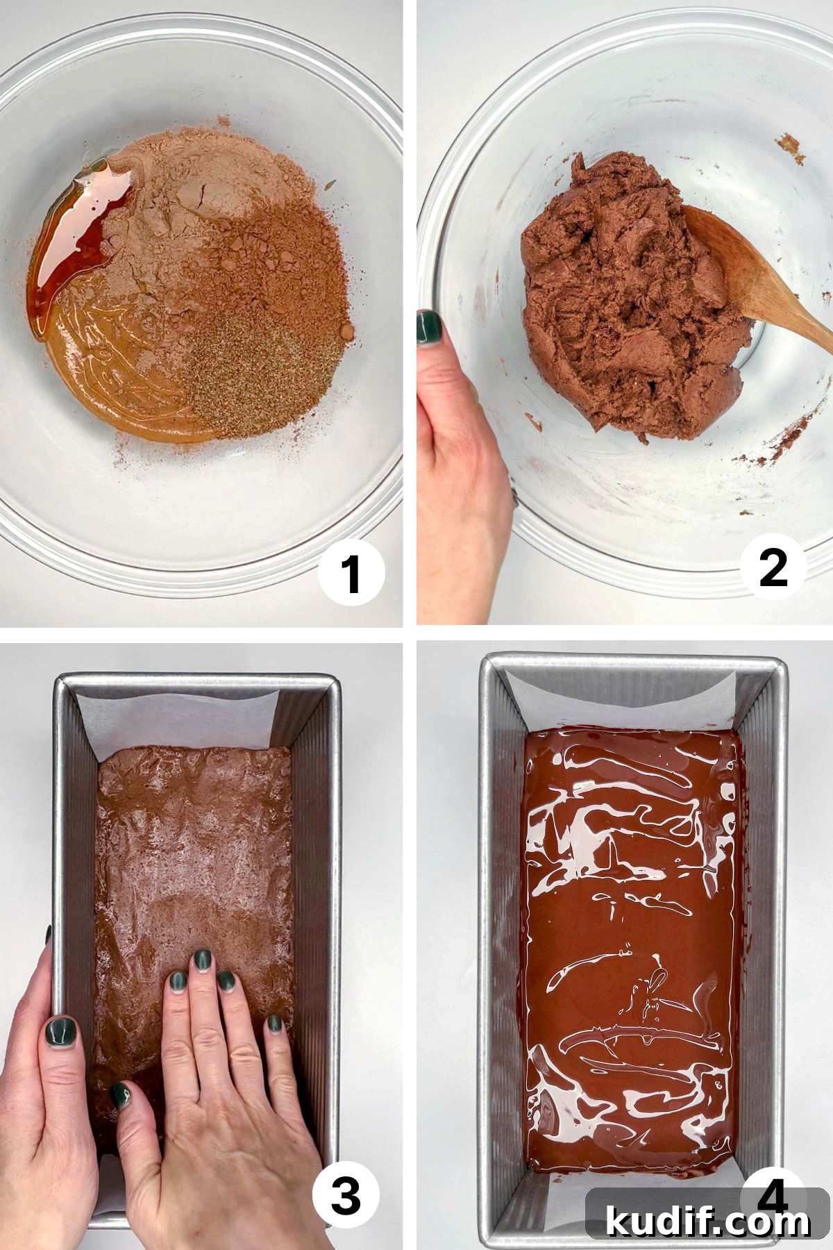Quadrants showing process shots for making protein bar "dough," adding to loaf pan, and covering with chocolate.