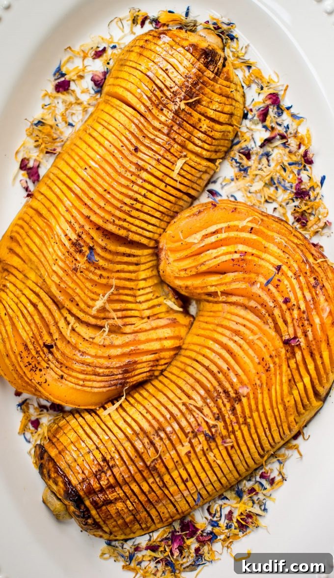 Honey-Cinnamon Roasted Hasselback Butternut Squash Recipe 3 close-up of hasselback honey butternut squash