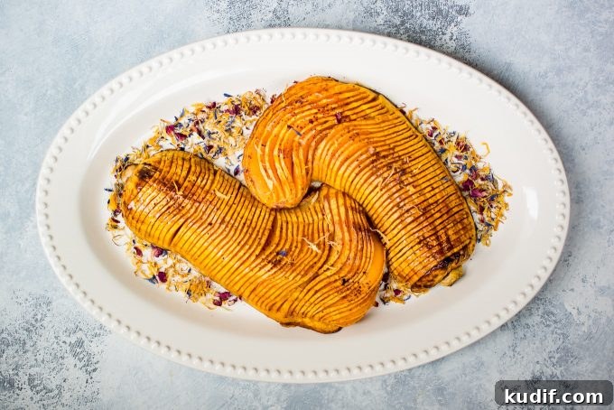 Honey-Cinnamon Roasted Hasselback Butternut Squash Recipe 4 honey cinnamon roasted butternut squash on an oval serving platter
