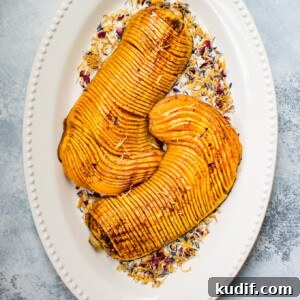 Honey cinnamon roasted hasselback butternut squash is a showstopping vegetarian side dish that would look perfect on your Thanksgiving table!