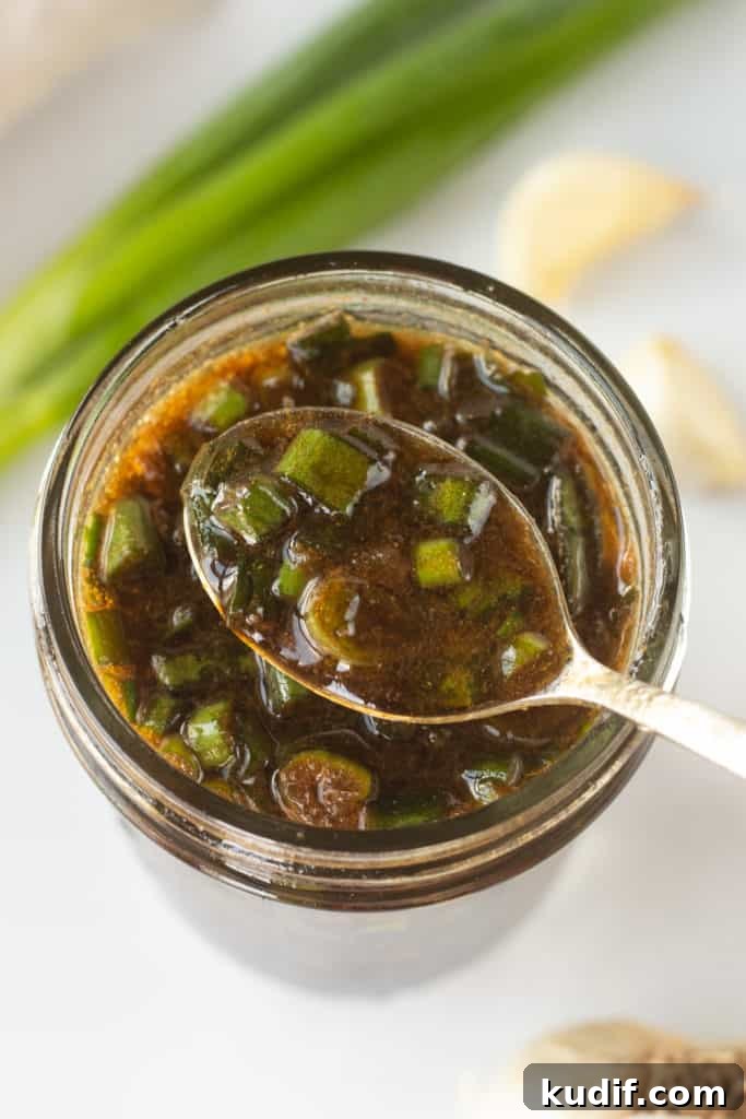 Gluten-Free Teriyaki Marinade Recipe for Stir-Fries & Grilling 2 A small spoon dipping into a small mason jar with a brown marinade with chopped green onions in it. Fresh green onions and cloves of garlic are around the jar.