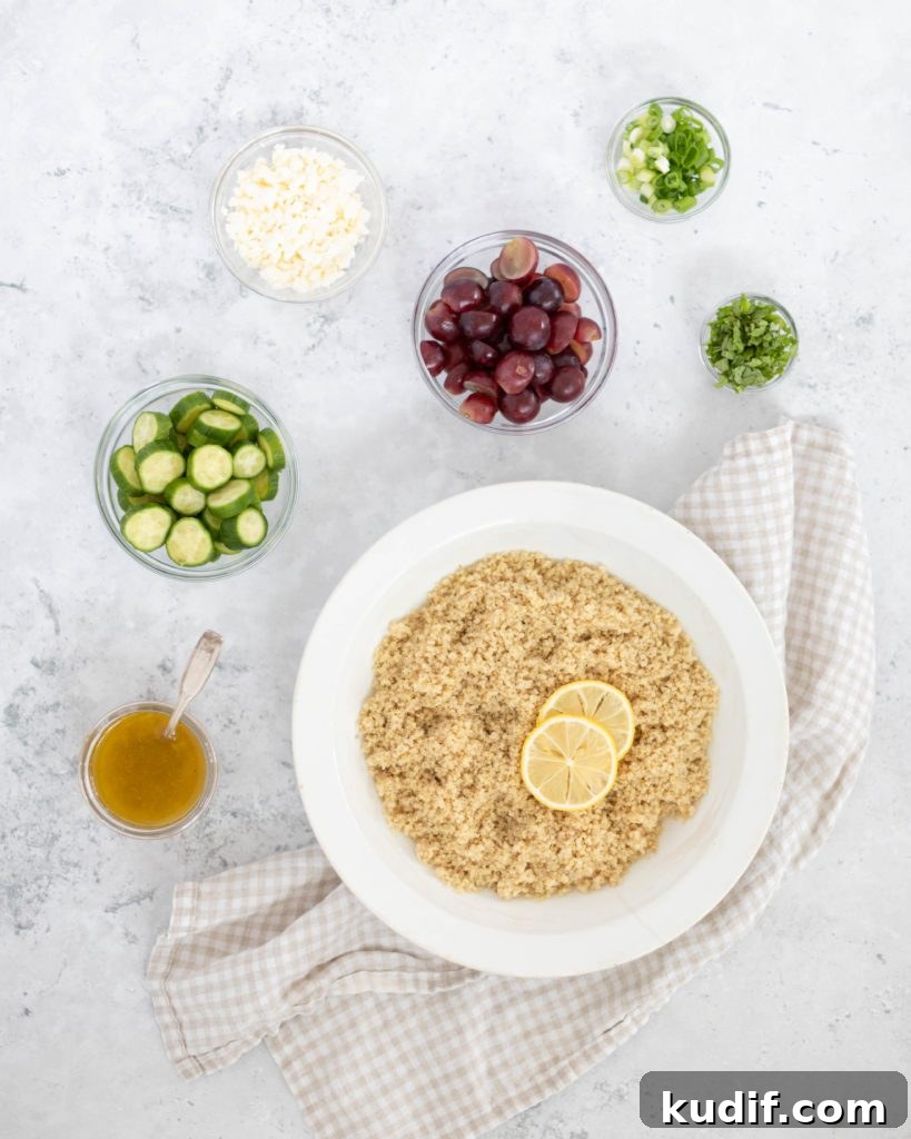 Minted Feta, Grape & Cucumber Quinoa Salad Recipe 3 minted quinoa salad ingredients in small bowls