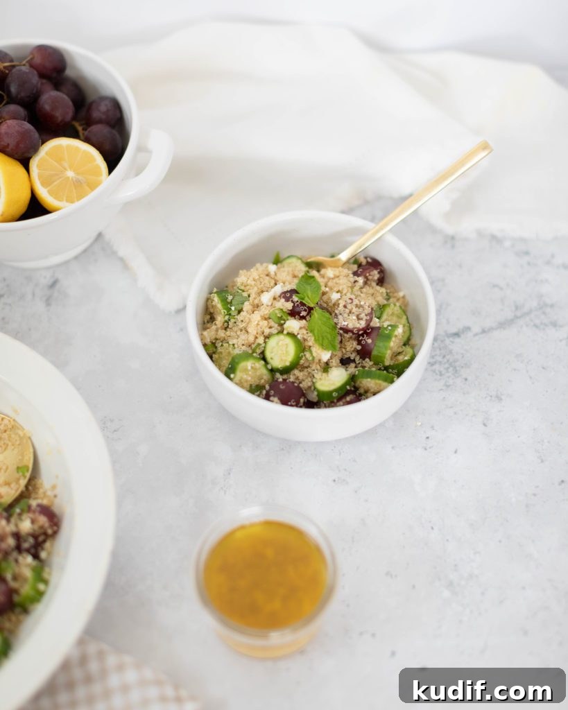 Minted Feta, Grape & Cucumber Quinoa Salad Recipe 5 bowl of minted feta quinoa salad with grapes and cucumber