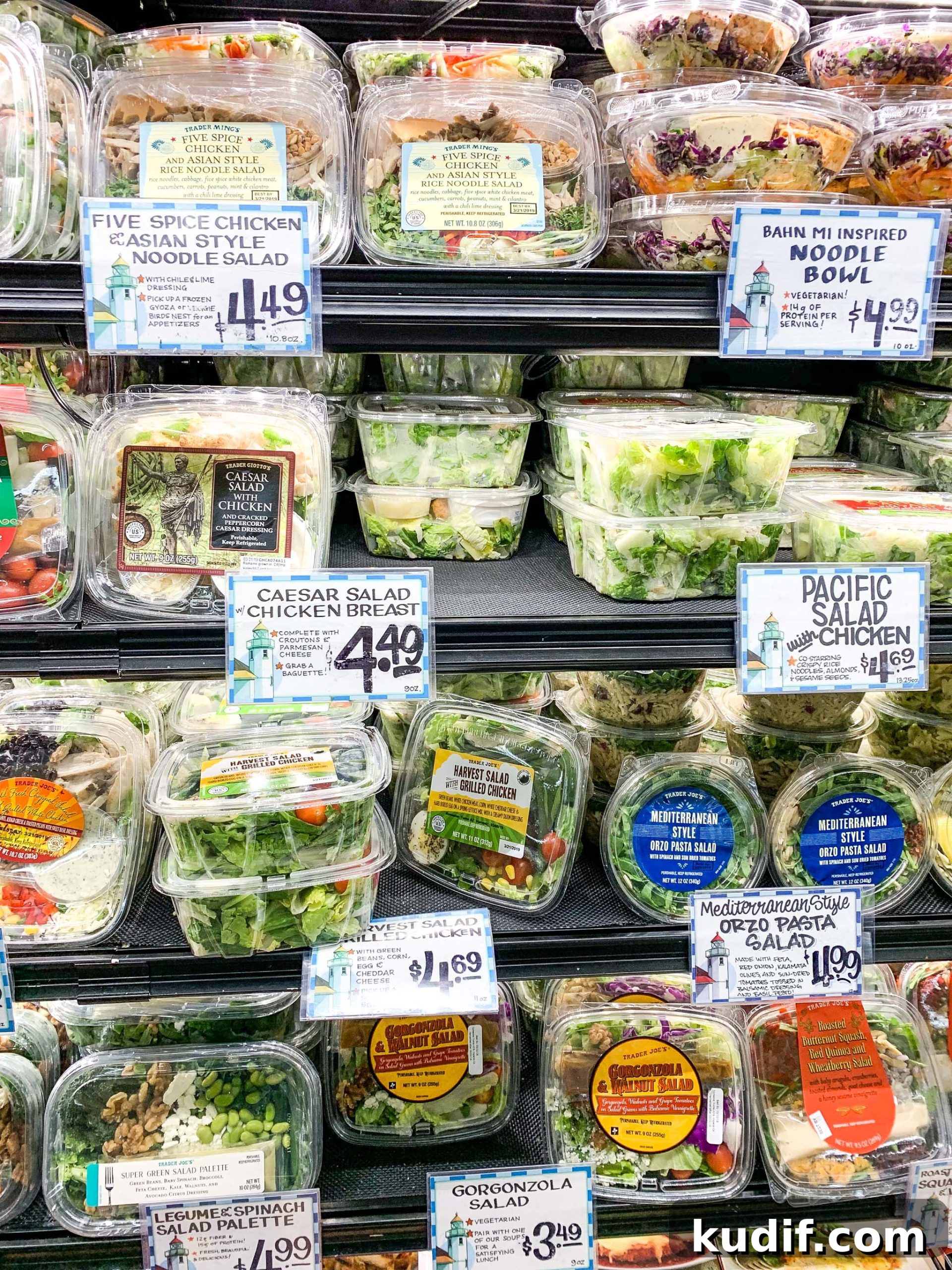 20 Sources for Meal Prep Inspiration and Recipe Ideas 3 trader joes shelf of premade salads