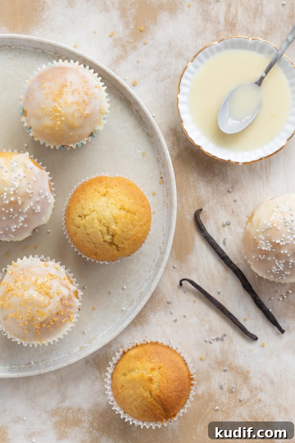 Moist Vanilla Yogurt Muffins Recipe for Tender, Fluffy Muffins 3 muffins with vanilla yogurt