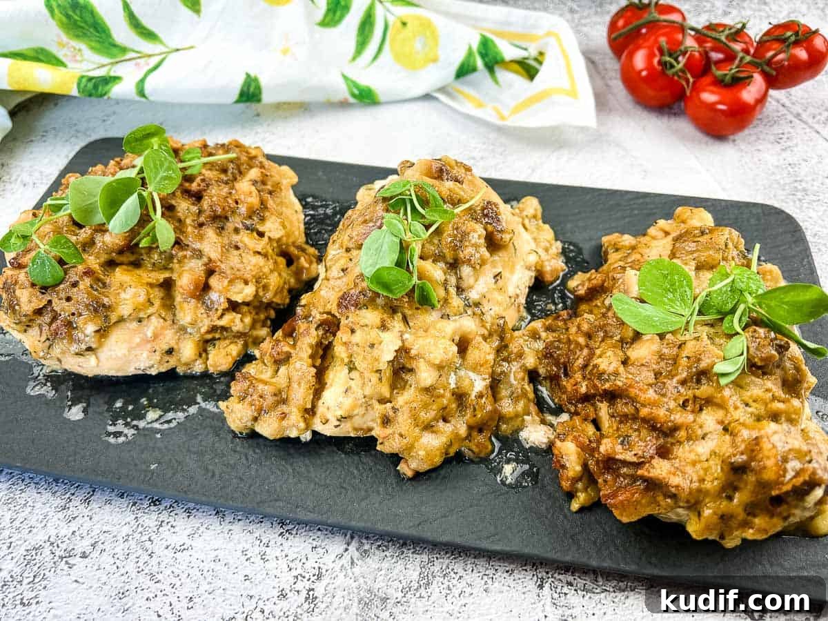 31 Delicious Recipes That Deliver Big Flavor with Little Effort 3 4 ingredient slow cooker chicken on a black platter.