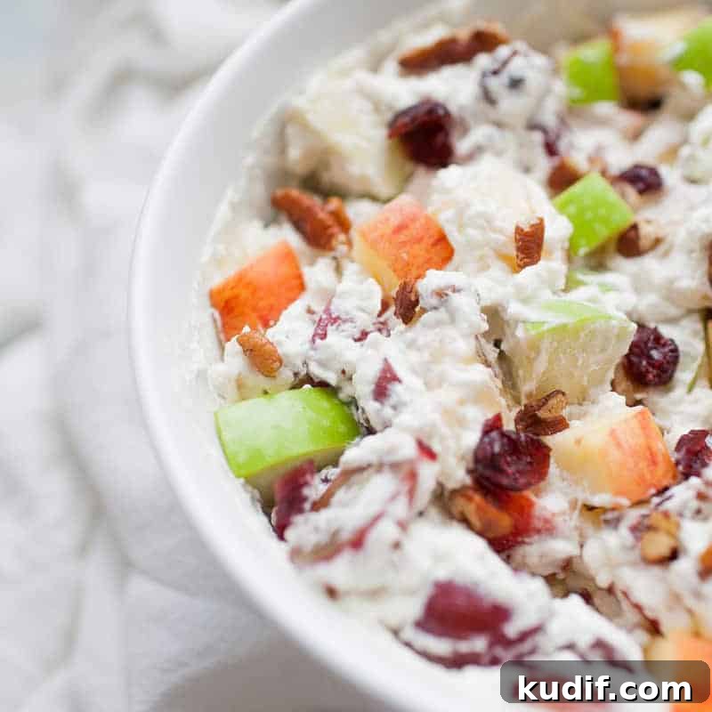 Close-up of a bowl filled with creamy Christmas fruit salad containing red and green apple chunks, grapes, pecans, and dried cranberries mixed in a creamy dressing.