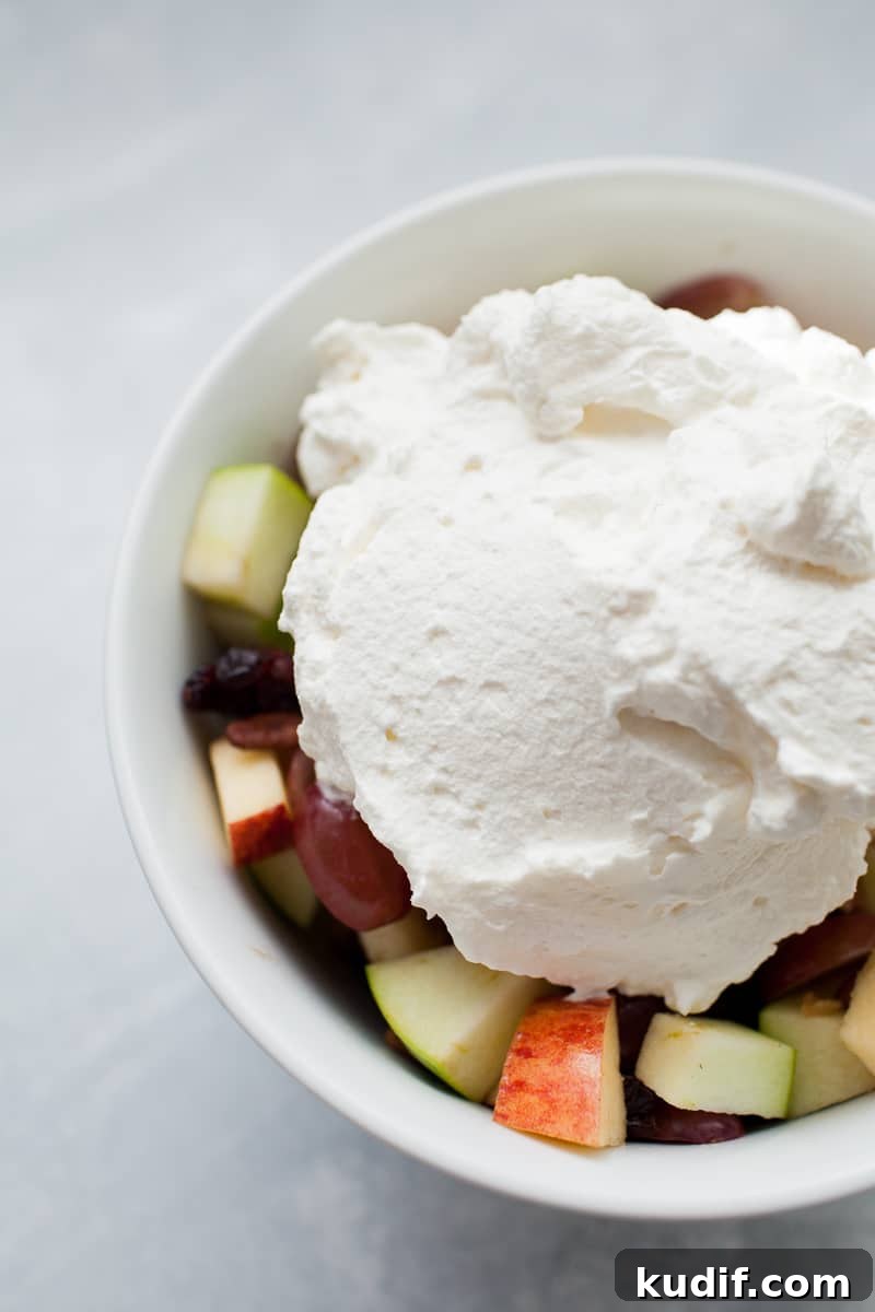 Creamy Holiday Fruit Salad with Cinnamon and Citrus 4 Homemade whipped cream set on top of a bowl of fresh cut fruit.