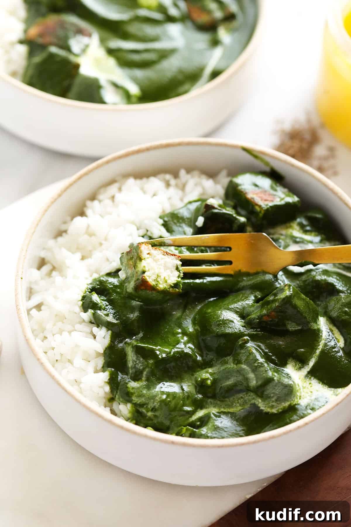 Paneer on a fork. 