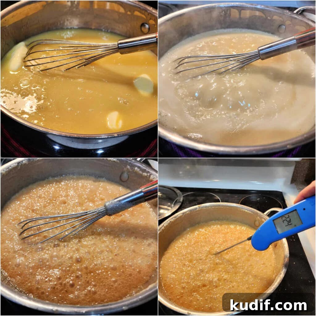 Classic Old-Fashioned Hot Fudge Sauce Recipe 5 A collage of 4 images showing the dairy and sugar portion of my hot fudge sauce recipe boiling away in a pan and deepening in color. The last image shows an instant read thermometer in the mix reading 224F.