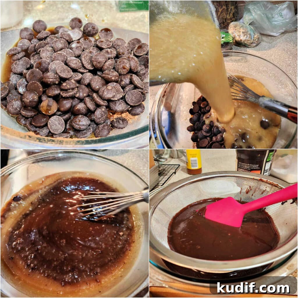 Classic Old-Fashioned Hot Fudge Sauce Recipe 6 A collage of 4 images showing how to finish making fudge sauce: 1)chocolate chips, cocoa powder, and flavorings in a large, glass bowl. 2)Pouring the hot, caramelized dairy mixture into the bowl of chocolate. 3)Whisking the two together until smooth, shiny, and dark brown. 4)Straining the mixture for an extra-smooth texture.
