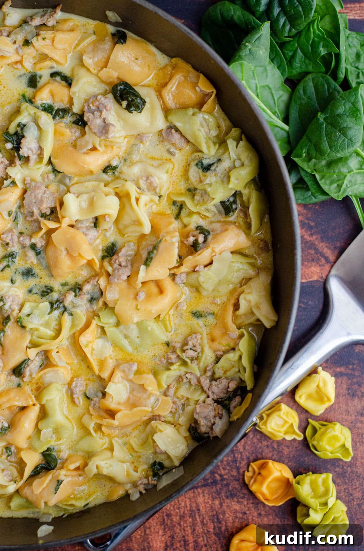 Hearty Italian Sausage Tortellini Soup Recipe 3 aerial photo of sausage tortellini soup in a large skillet