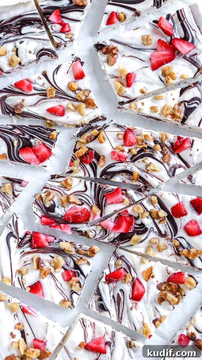 Strawberry Frozen Yogurt Bark Recipe — Quick Summer Dessert 2 low carb frozen yogurt bark with chocolate strawberries and walnuts