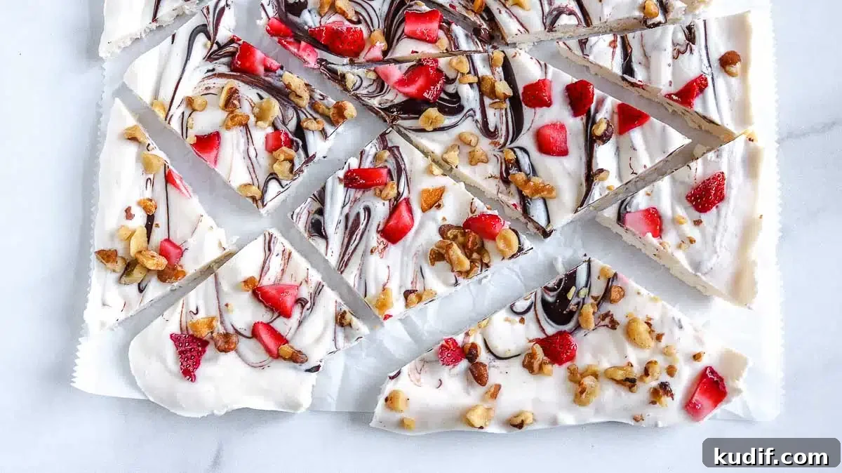 Strawberry Frozen Yogurt Bark Recipe — Quick Summer Dessert 3 keto frozen yogurt bark with strawberries and walnuts