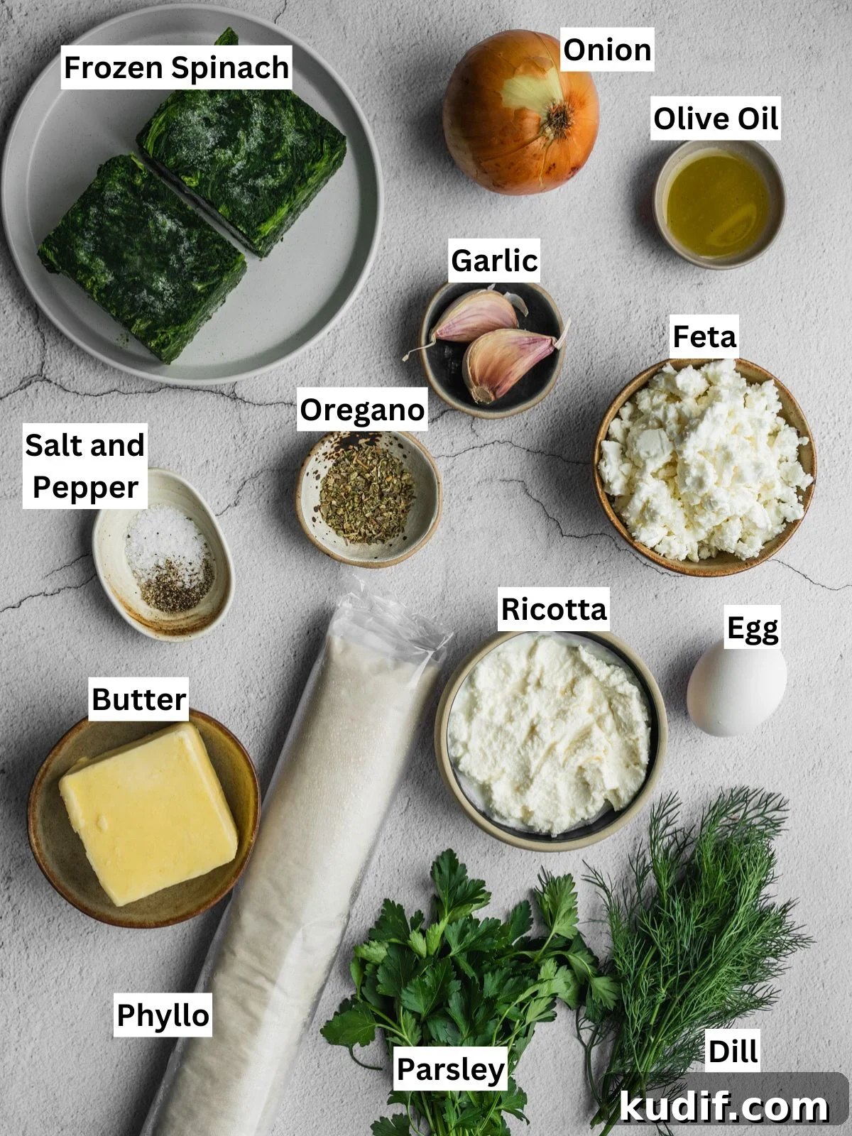 Authentic Spanakopita: Classic Greek Spinach Pie with Phyllo 3 Greek spinach pie recipe ingredients with individual labels on a board.