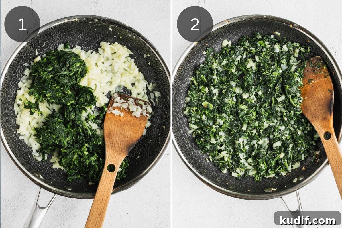 Authentic Spanakopita: Classic Greek Spinach Pie with Phyllo 4 Recipe steps showing the sauteing of the onion, garlic and spinach.