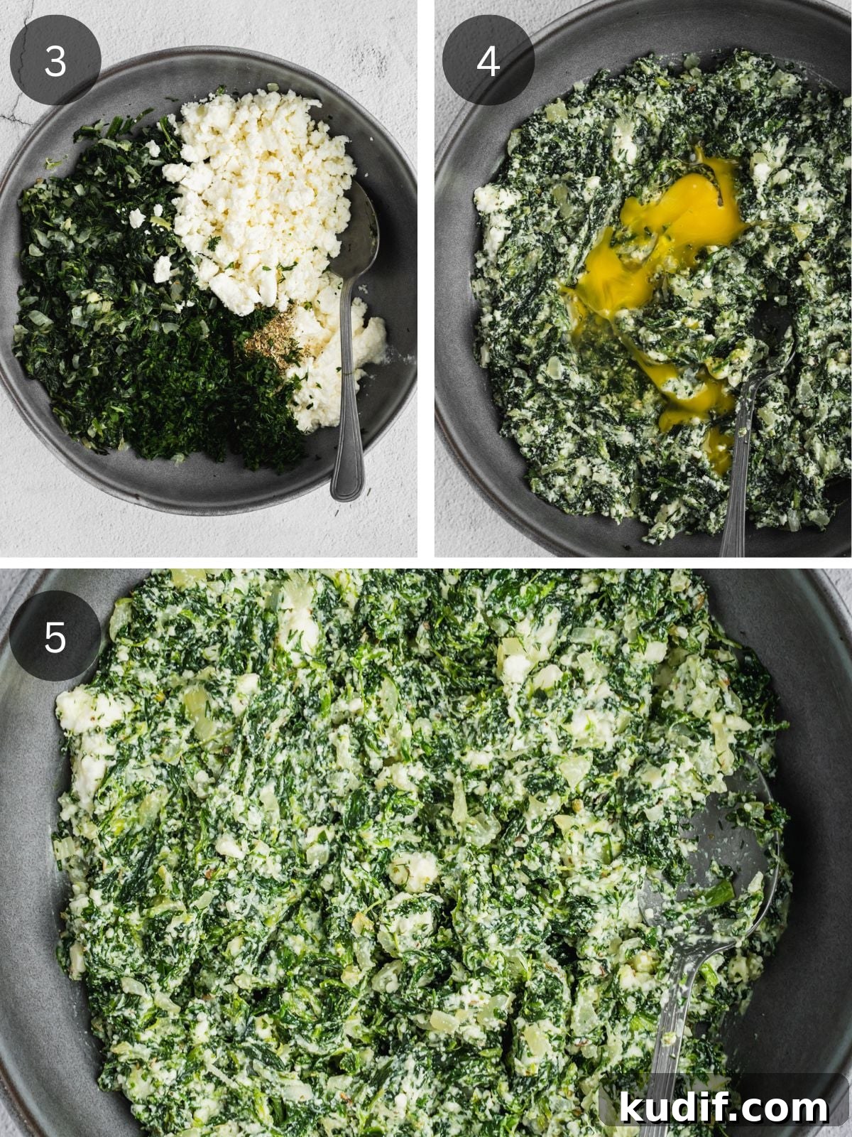 Authentic Spanakopita: Classic Greek Spinach Pie with Phyllo 5 Recipe steps showing the mixing of the prepared spinach with the cheese and other ingredients.