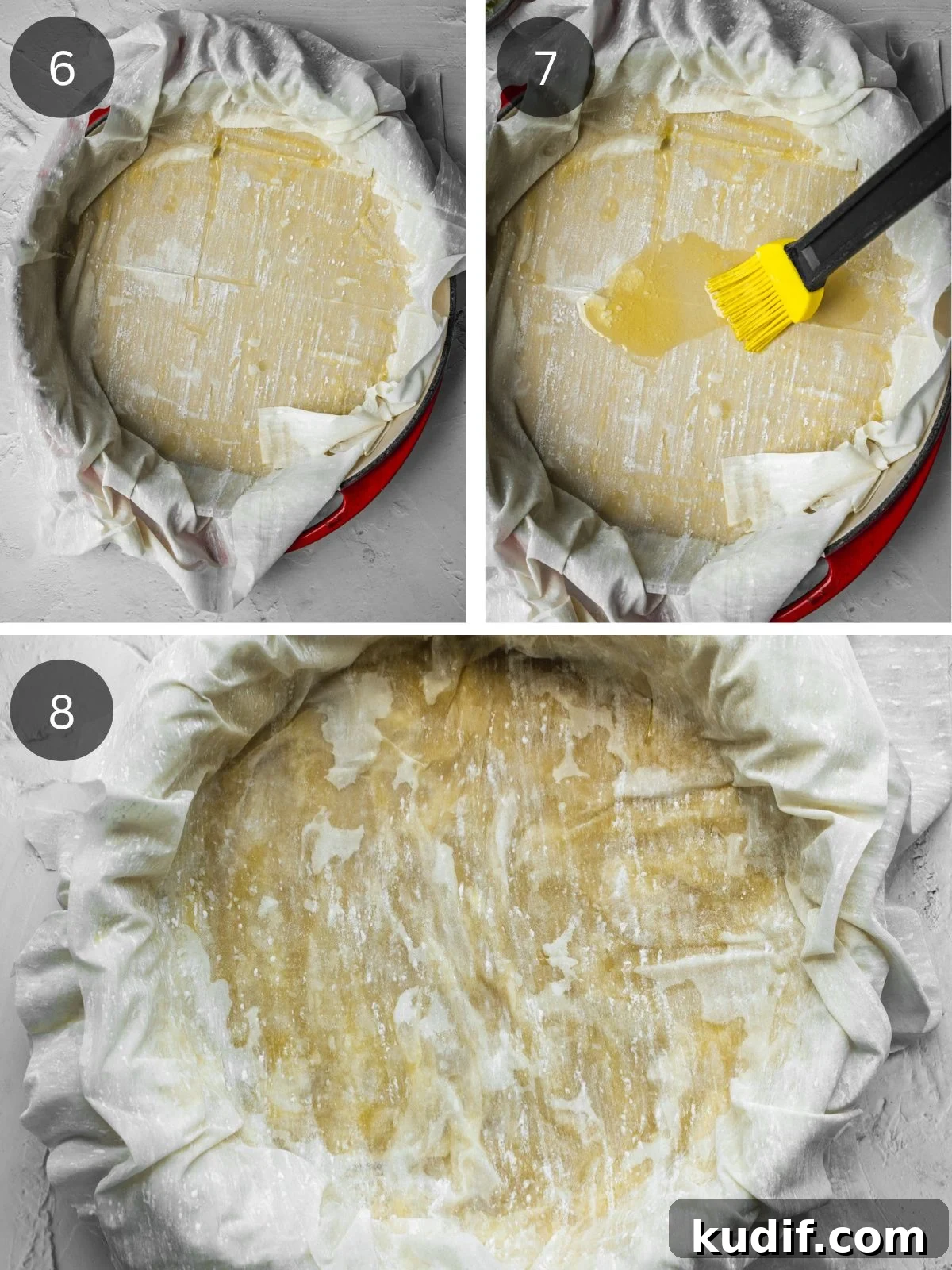Authentic Spanakopita: Classic Greek Spinach Pie with Phyllo 6 Recipe steps showing the buttering of the pan, the layering of the phyllo dough with overhand and the buttering of each later.