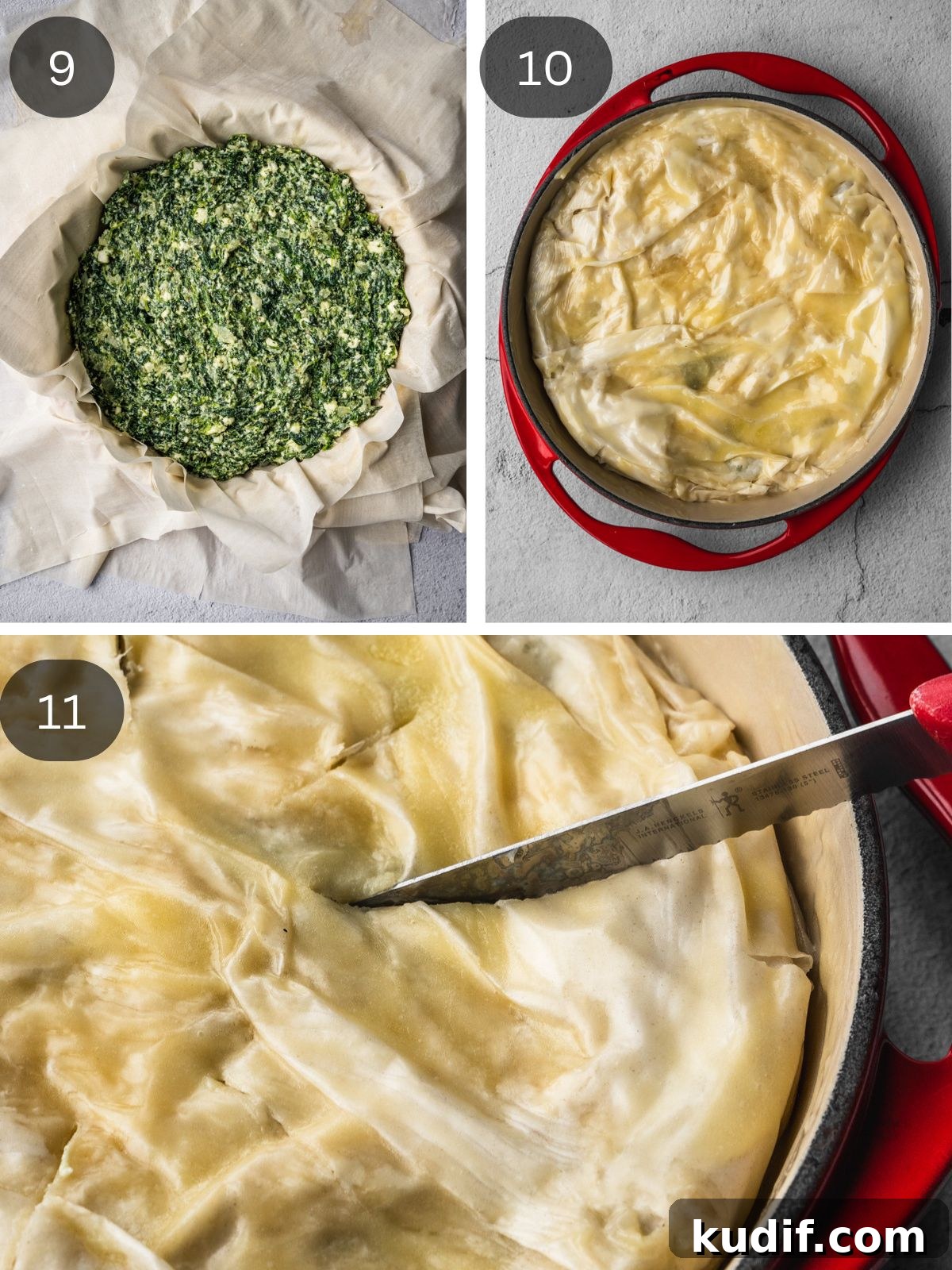 Authentic Spanakopita: Classic Greek Spinach Pie with Phyllo 7 Recipe steps showing the filling being added to the phyllo pie shell and the prepared pie ready for baking.