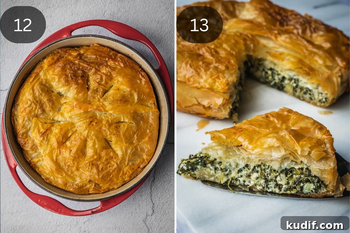 Authentic Spanakopita: Classic Greek Spinach Pie with Phyllo 8 Recipe step showing the finished bake and a slice of pie on a marble slab.