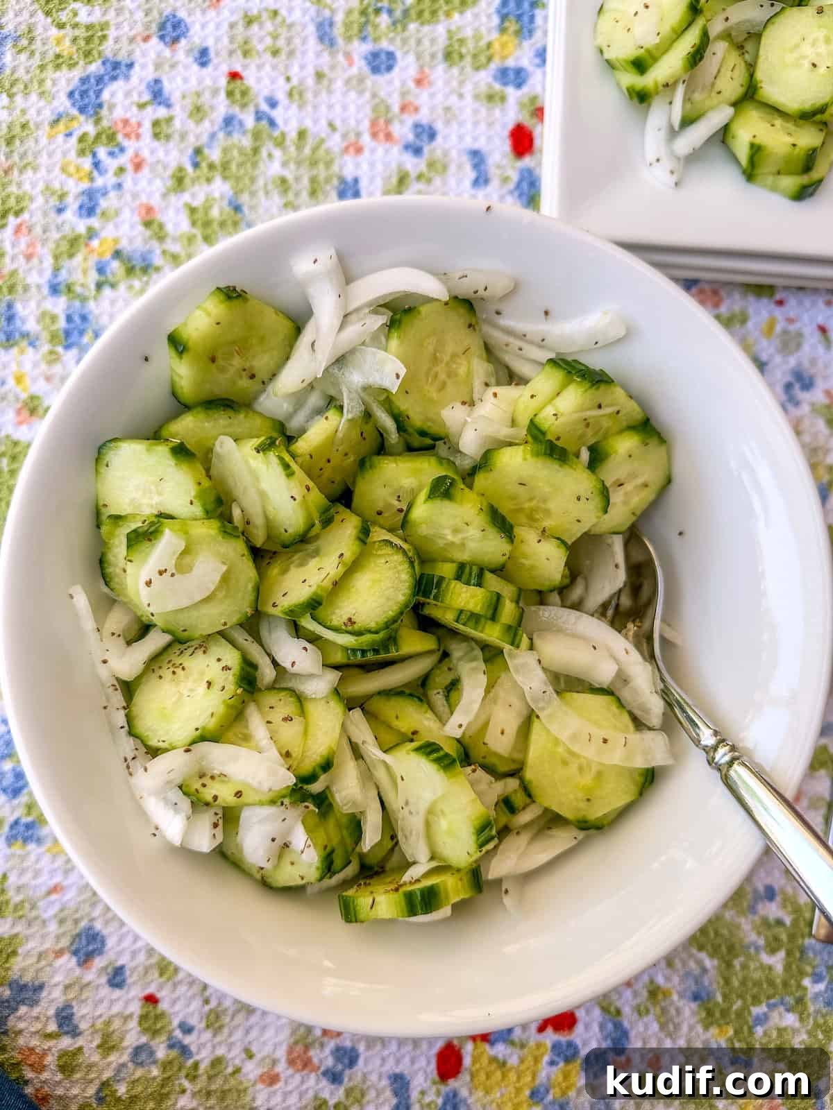 Crisp Quick Pickled Cucumbers Recipe for Homemade Snacks 12 A serving bowl of sliced cucumbers and onions.