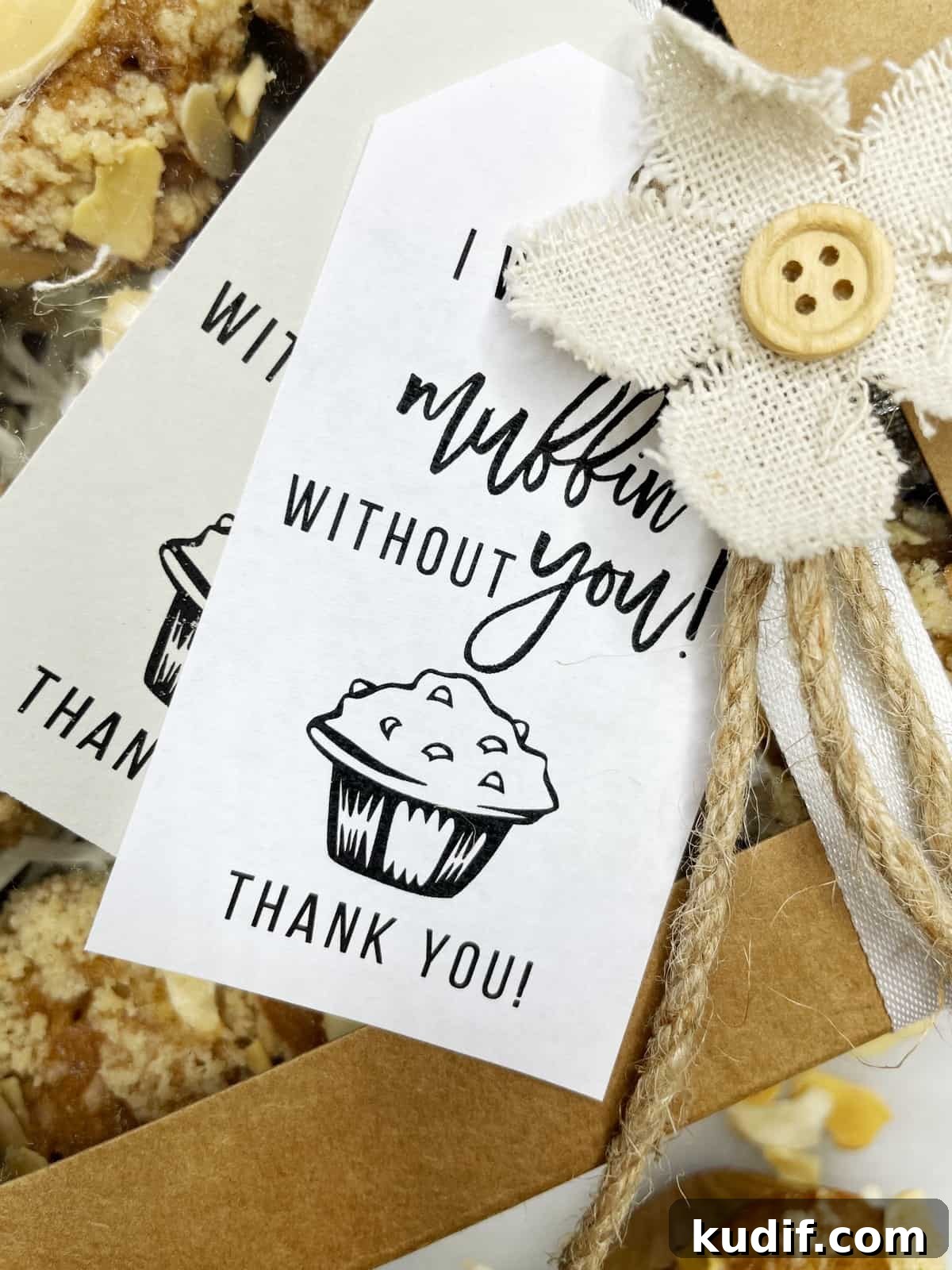 Muffin appreciation gift tag on top of the gift box