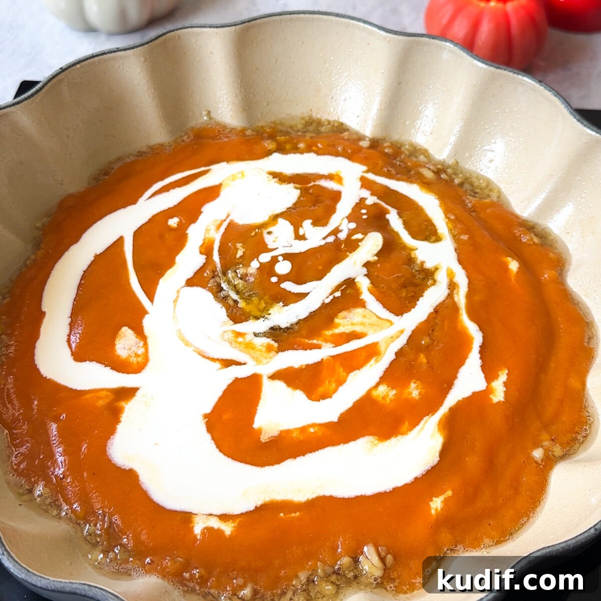 Add the garlic, pumpkin purée & heavy cream!