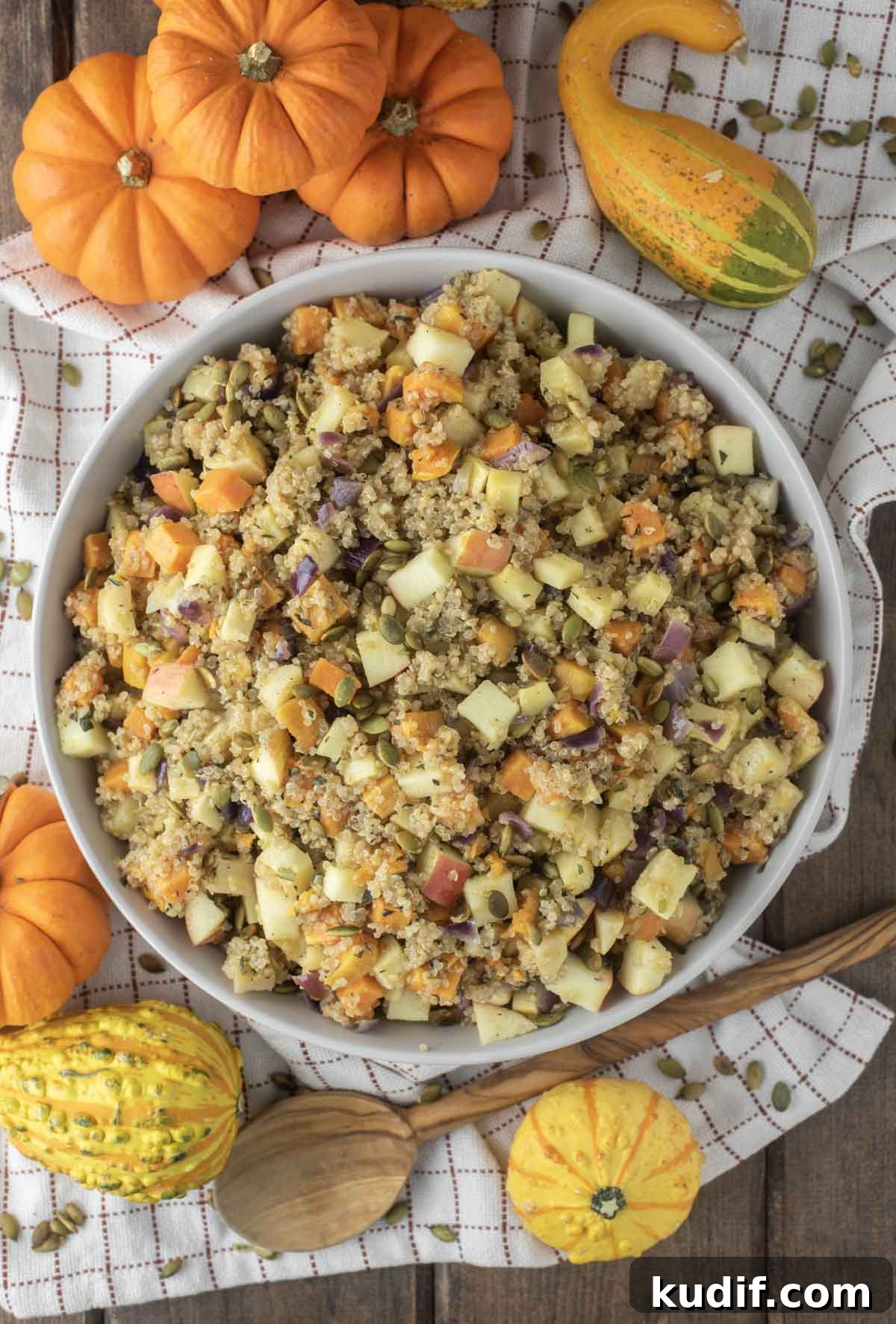Roasted Autumn Harvest Salad for Thanksgiving Dinner 2 overhead shot of thanksgiving salad in bowl