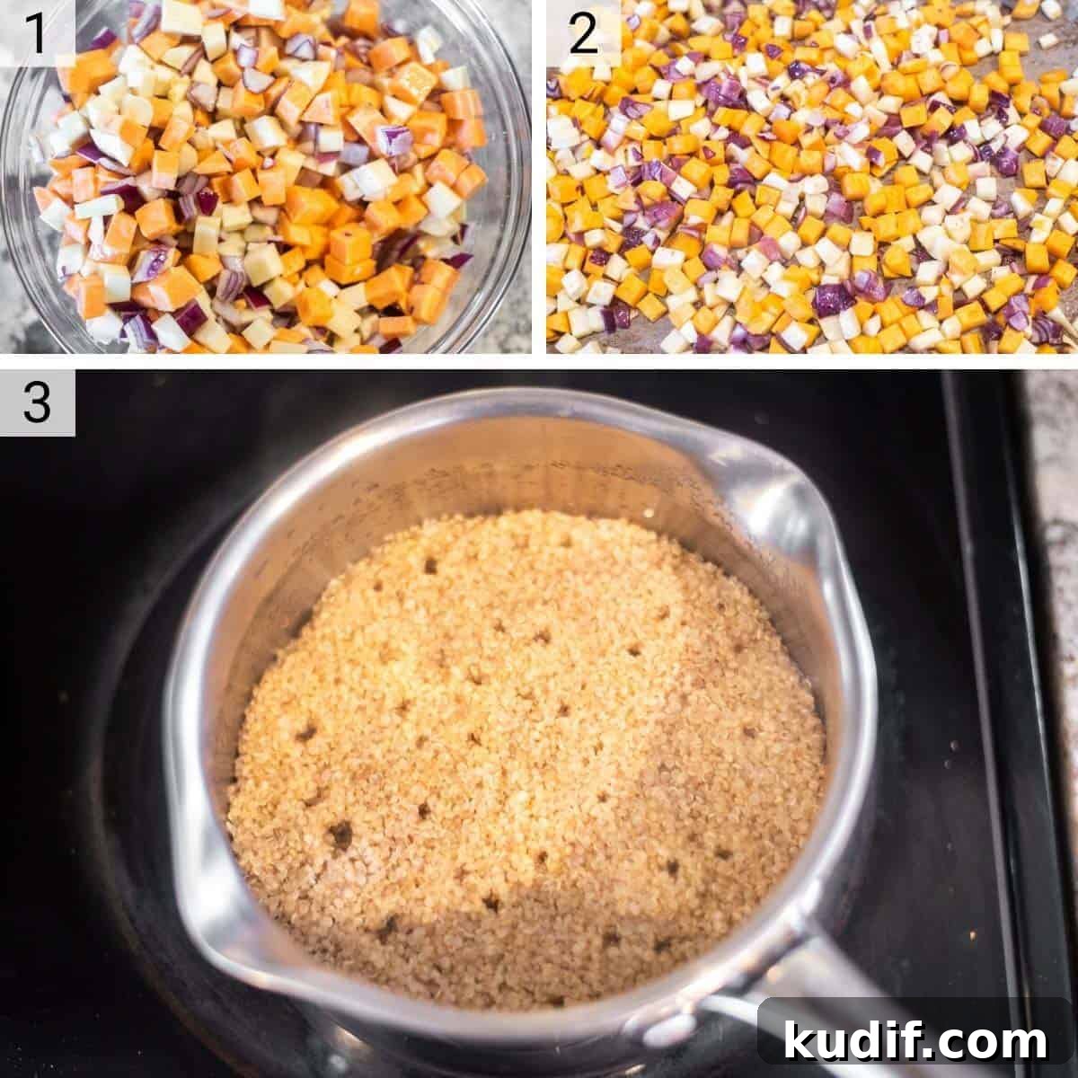 Roasted Autumn Harvest Salad for Thanksgiving Dinner 4 process shots of roasting vegetables and cooking quinoa