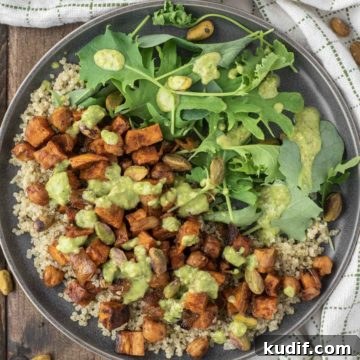 overhead shot of quinoa sweet potato salad in slate grey dish
