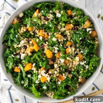 overhead shot of kale sweet potato salad in bowl