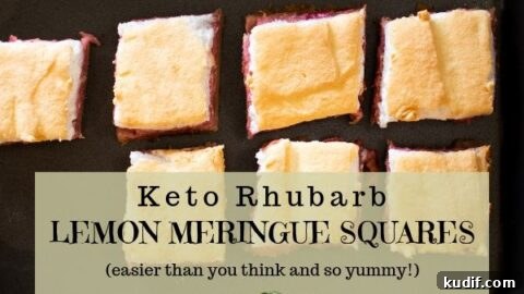 Keto rhubarb lemon meringue dessert squares made with almond flour.