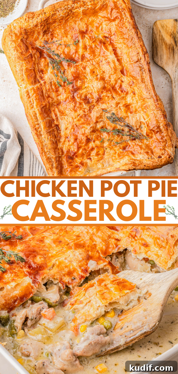 Comforting Chicken Pot Pie Casserole Recipe for Weeknights 8 A baked chicken pot pie casserole with a golden, flaky crust, garnished with herbs. A wooden spoon reveals a creamy chicken and vegetable filling inside.