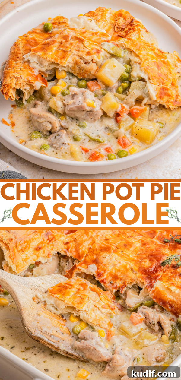 Comforting Chicken Pot Pie Casserole Recipe for Weeknights 9 A serving of chicken pot pie casserole with vegetables and a golden, flaky crust, shown plated and in a baking dish.