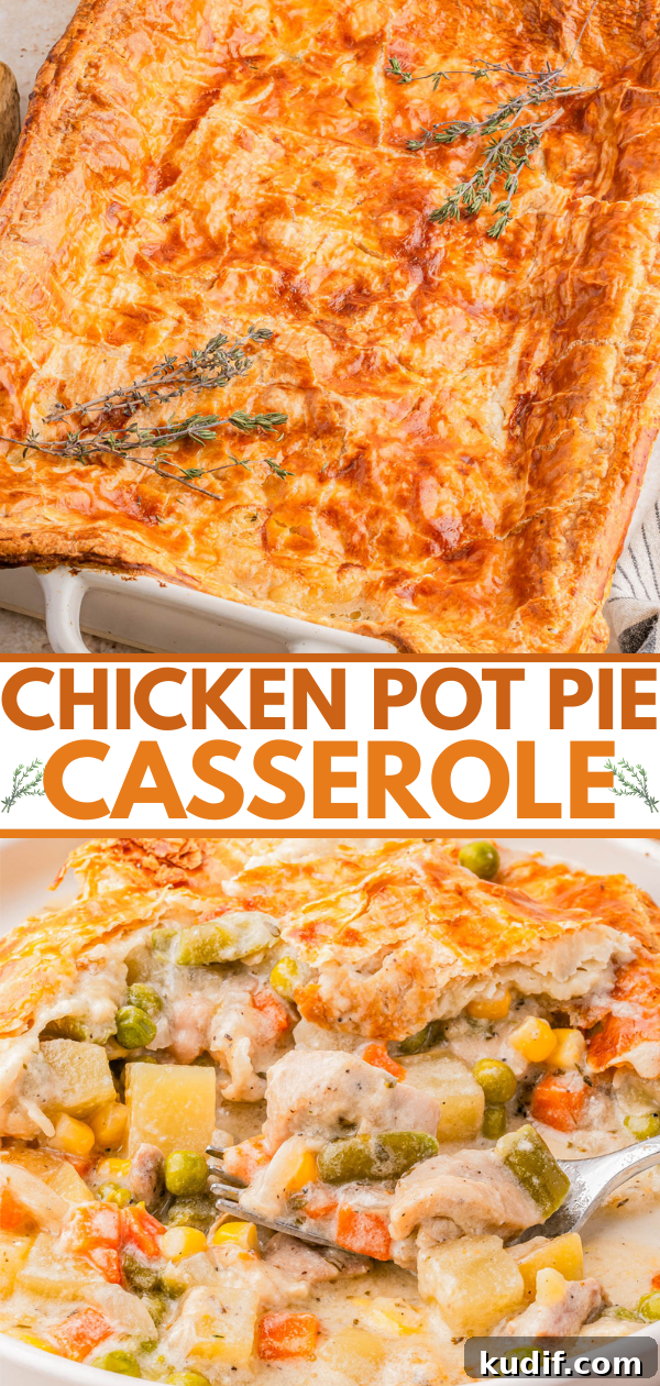 Comforting Chicken Pot Pie Casserole Recipe for Weeknights 10 Golden-brown chicken pot pie casserole topped with pastry crust, garnished with thyme; a serving shows chicken, peas, carrots, and potatoes in creamy sauce.