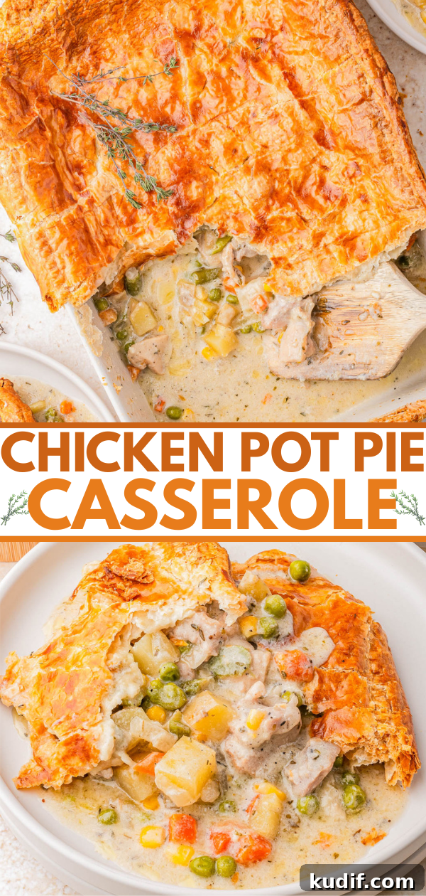 Comforting Chicken Pot Pie Casserole Recipe for Weeknights 15 A golden-brown chicken pot pie casserole with flaky pastry crust, filled with chicken, peas, carrots, and potatoes, served on a white plate.