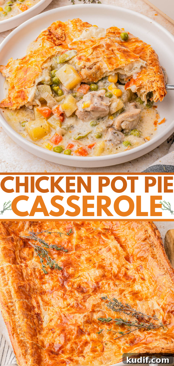 Comforting Chicken Pot Pie Casserole Recipe for Weeknights 16 A bowl of chicken pot pie casserole with vegetables and a flaky golden crust, alongside a whole baked casserole topped with fresh thyme.