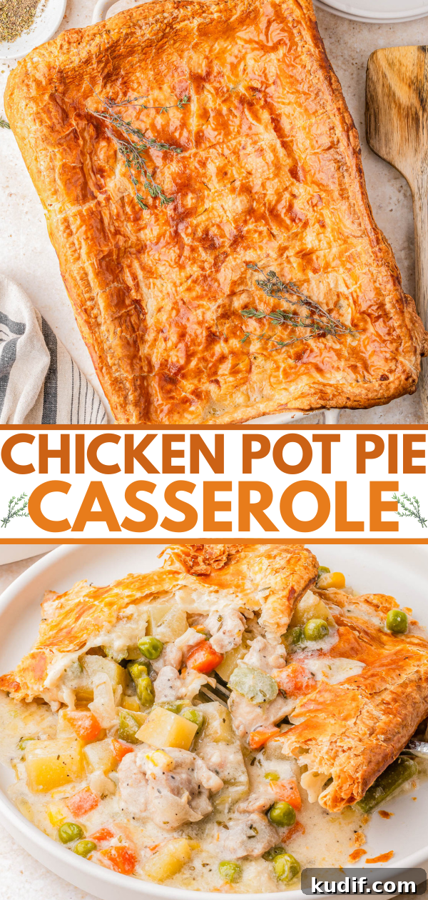 Comforting Chicken Pot Pie Casserole Recipe for Weeknights 17 Rectangular chicken pot pie casserole with golden, flaky crust shown whole and served on a plate, revealing a filling of chicken, peas, carrots, and potatoes.