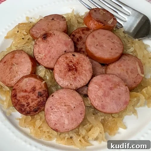 Kielbasa and Sauerkraut Recipes: Classic Polish Sausage Dishes 7 Plate of sauerkraut with browned smoked sausage coins on a white plate.