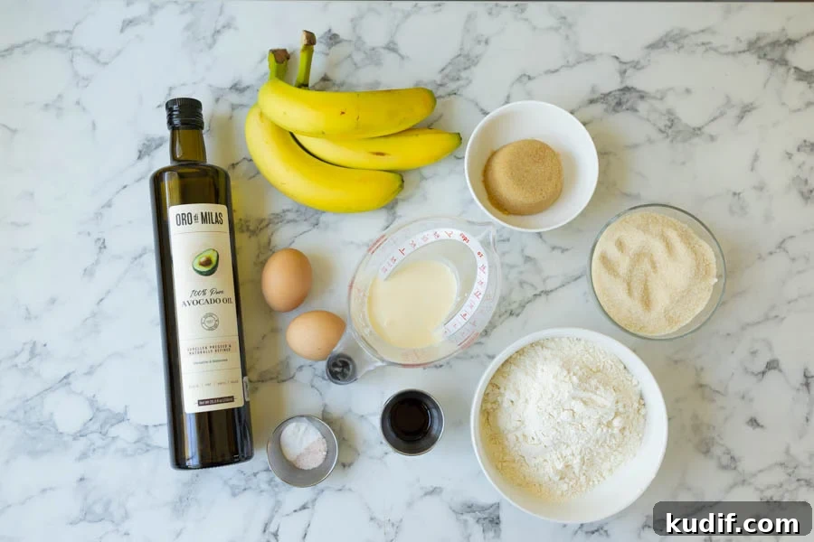 all ingredients for banana bread (oil, eggs, ripe bananas, vanilla extract, salt, baking soda, buttermilk, brown sugar, cane sugar, all-purpose flour) banana bread ingredients (oil, eggs, ripe bananas, vanilla extract, salt, baking soda, buttermilk, brown sugar, cane sugar, all-purpose flour)