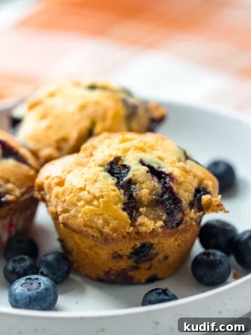 easy blueberry muffins recipe with fresh blueberries on a plate