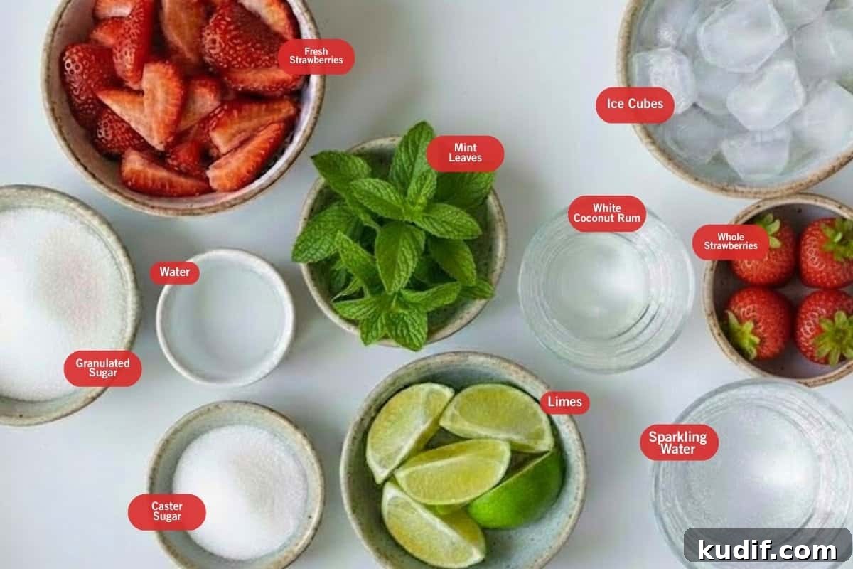Strawberry Coconut Mojito Recipe – Refreshing Summer Cocktail 3 Flat lay photo of ingredient shot of fresh strawberries, ice cubes, whole strawberries, mint leaves, white coconut rum, lime, caster sugar, water, granulated sugar, sparkling water