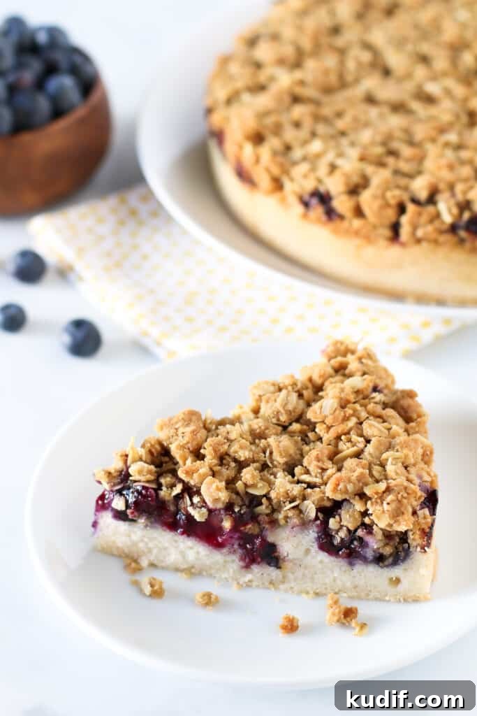Individual Blueberry Crisps Recipe for One — Quick Berry Dessert 7 vegan blueberry coffee cake with a slice out