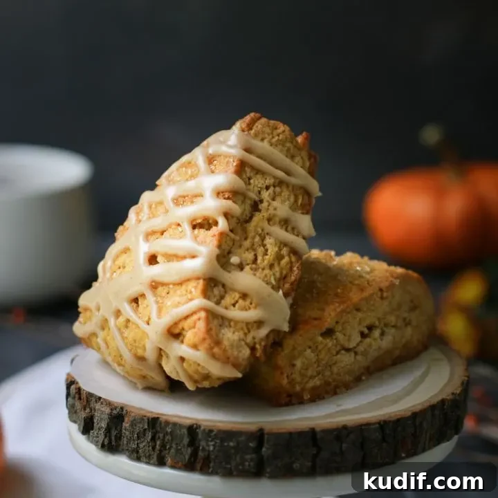 Two of the best pumpkin scones displayed on a raw wood slab by themerchantbaker.com